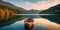 empty fisher boat floating on a calm surface of Lake through the mountains