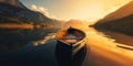 empty fishing boat on a lake in the sunrise