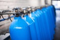 Oxygen cylinder with compressed gas. Blue Oxygen tanks for industry. Liquefied oxygen production. Factory Royalty Free Stock Photo