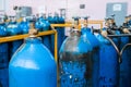 Oxygen cylinder with compressed gas. Blue Oxygen tanks for industry. Liquefied oxygen production. Factory Royalty Free Stock Photo