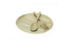Empty flat wooden dish, fork and spoon isolated on white background Royalty Free Stock Photo