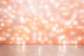 Empty floor with blurred pastel peach color bokeh lights background. Template for product display. Dreamy background with copy