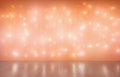 Empty floor with blurred pastel peach color bokeh lights background. Template for product display. Dreamy background with copy