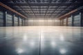 Empty floor, interior of industrial, commercial building. Construction by metal, steel, concrete. Modern factory, warehouse, Royalty Free Stock Photo