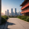 Empty floor and modern city skyline with building at sunset in Suzhou, China. made with Generative AI
