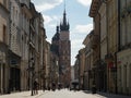 Almost empty Florianska street in Krakow during coronavirus covid-19 pandemic.