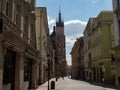 Almost empty Florianska street in Krakow during coronavirus covid-19 pandemic.