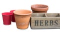 Empty flowerpots and tray for flowers and herbs isolated on white background, flower pots and containers for planting plants Royalty Free Stock Photo