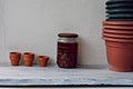 Empty flowers pots at the wall/ Conceptional image of gardening Royalty Free Stock Photo