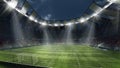 Empty football field with flashlights and dark night sky background. Stadium with filled stands with sports soccer fans. Royalty Free Stock Photo