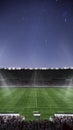 Empty football field with flashlights and dark night sky background. Stadium with filled stands with sports soccer fans. Royalty Free Stock Photo