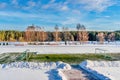 Empty Football (Soccer) Field in the Winter Partly Covered in Snow - Sunny Winter Day Royalty Free Stock Photo