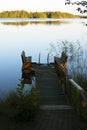 Empty footbridge with a bench on a lake at sunrise Royalty Free Stock Photo