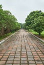 Empty footpath on a foggy day - symmetrical - in the imperial city in Hue, Vietnam.