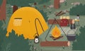 Empty forest touristic camp with tent and bonfire vector flat illustration. Equipment for adventure tourism and active