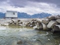 Empty Forggen Lake with pipes and flowing water Royalty Free Stock Photo