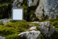empty frame balanced on a mosscovered rock Royalty Free Stock Photo