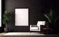 Empty frame on the black wall with copy space in the modern and chic living room with a white retro armchair, green plants Royalty Free Stock Photo