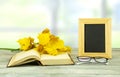 Empty frame with a bouquet of yellow flowers on a old opened boo Royalty Free Stock Photo