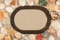 Empty frame of dark wood, seashells and starfishes in the sand. Royalty Free Stock Photo