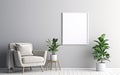 Empty frame on the Gray wall with copy space in the living room with a white armchair decorated with rug, green indoor plants