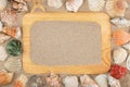 Empty frame of light wood, seashells and starfishes in the sand. Royalty Free Stock Photo