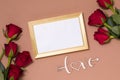 Valentines day,empty frame,love,nude background,gift,red roses,hearts,message,free copy text space Royalty Free Stock Photo