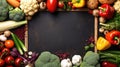 Empty frame in the middle of different vegetables lying on the table. Generative AI Royalty Free Stock Photo