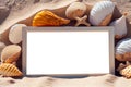 Empty frame mockup among seashells and sand. AI Generated. Template for design or advertising