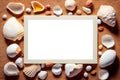 Empty frame mockup among seashells and sand. AI Generated. Template for design or advertising