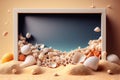 Empty frame mockup among seashells and sand. AI Generated. Template for design or advertising