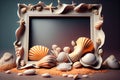 Empty frame mockup among seashells and sand. AI Generated. Template for design or advertising