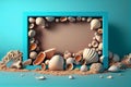 Empty frame mockup among seashells and sand. AI Generated. Template for design or advertising