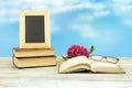 Empty frame on old books with a blossom from pink azalee and a p Royalty Free Stock Photo