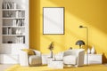 Empty frame poster mock up on living room interior wall with library and two armchairs. Concept of reading Royalty Free Stock Photo