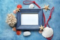 Empty frame with sea shells, starfishes and stones on color background