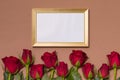 Valentines day, empty frame, seamless nude background with red roses, message, free copy text space Royalty Free Stock Photo