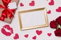 Valentines day,empty frame,seamless white background,red roses,hearts,message,free copy text space Royalty Free Stock Photo