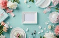 empty frame sitting in a colorful arrangement of wedding flowers and gifts