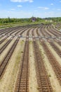 Empty freight railway yard with many tracks and operations control tower Royalty Free Stock Photo