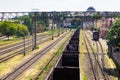 Empty freight train wagons stand on rails Royalty Free Stock Photo