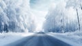 Empty frozen road through idyllic snowy forest in winter