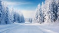 Empty frozen road through idyllic snowy forest in winter