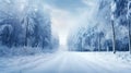 Empty frozen road through idyllic snowy forest in winter