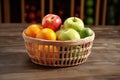 an empty fruit basket on a wooden table