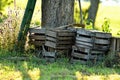 Empty fruit boxes with ladder on a meadow