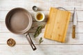 Empty frying pan with cutting board Royalty Free Stock Photo