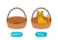 Empty and full basket with a cat. the concept of teaching children the opposite adjective