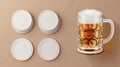 An empty and full beer glass mug and white circle coasters in stack and top view. Modern realistic mockup of beer with Royalty Free Stock Photo