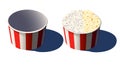 Empty and full movie delicious popcorn paper bucket icon. Food container with red and white stripes. Vector isometric illustration Royalty Free Stock Photo